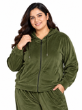 Winter Cotton Velvet Tracksuit For Women - Olive Green