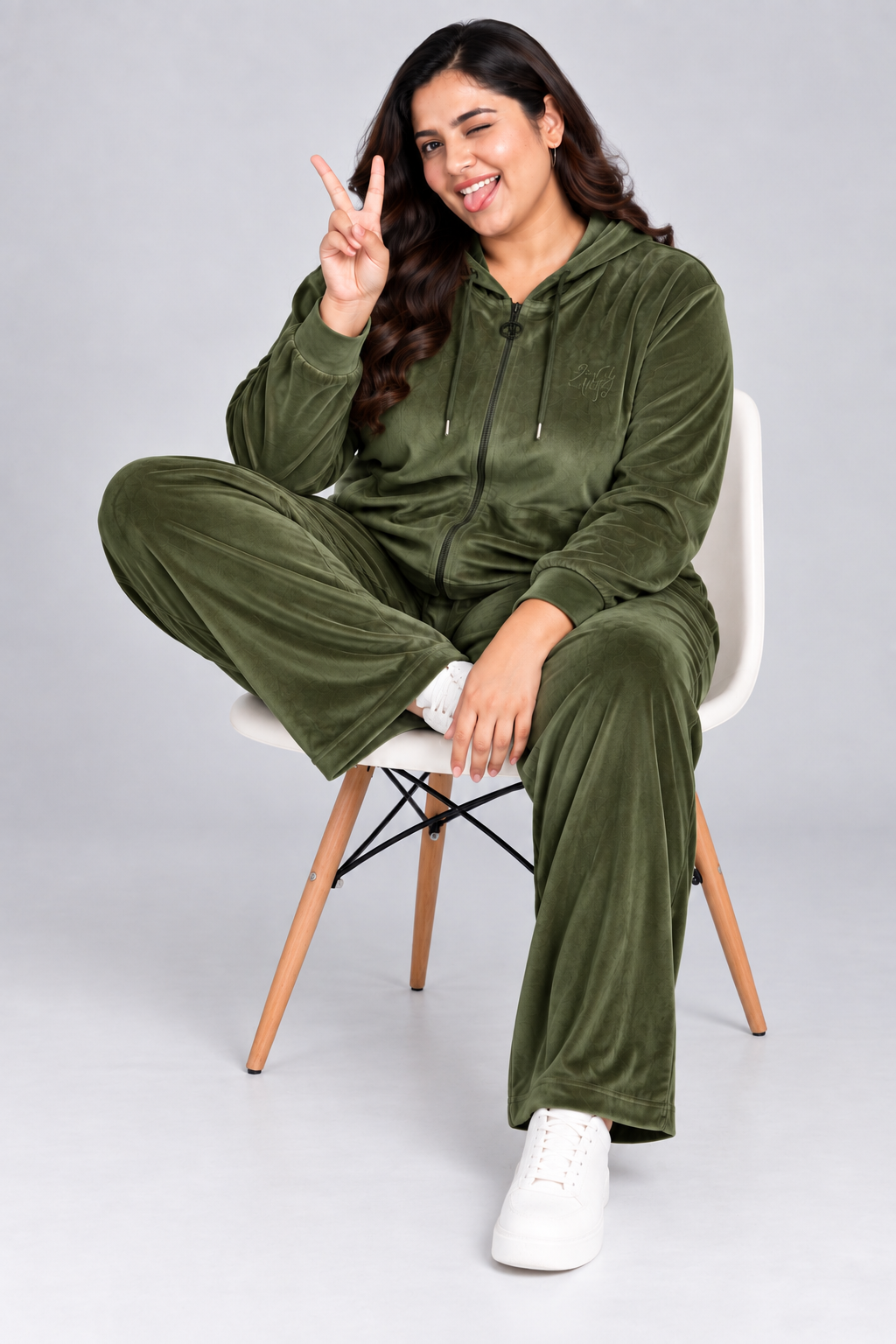 Winter Cotton Velvet Tracksuit For Women - Olive Green