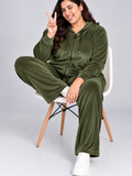 Winter Cotton Velvet Tracksuit For Women - Olive Green