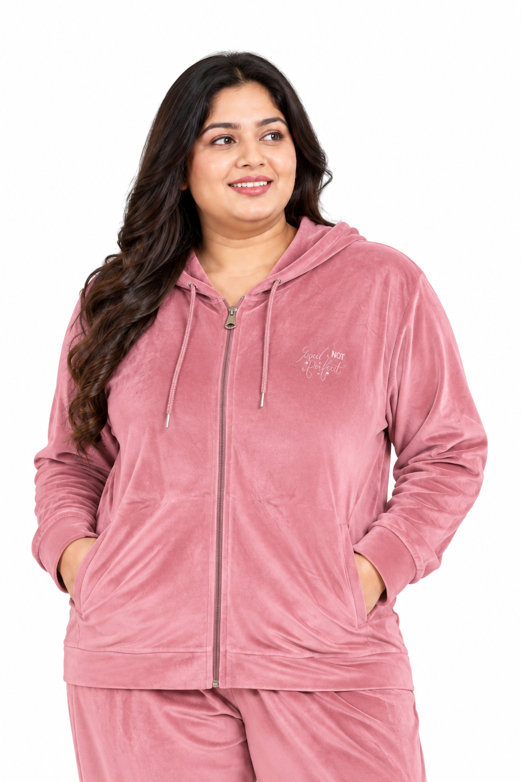 Winter Cotton Velvet Tracksuit For Women - Rosy Pink