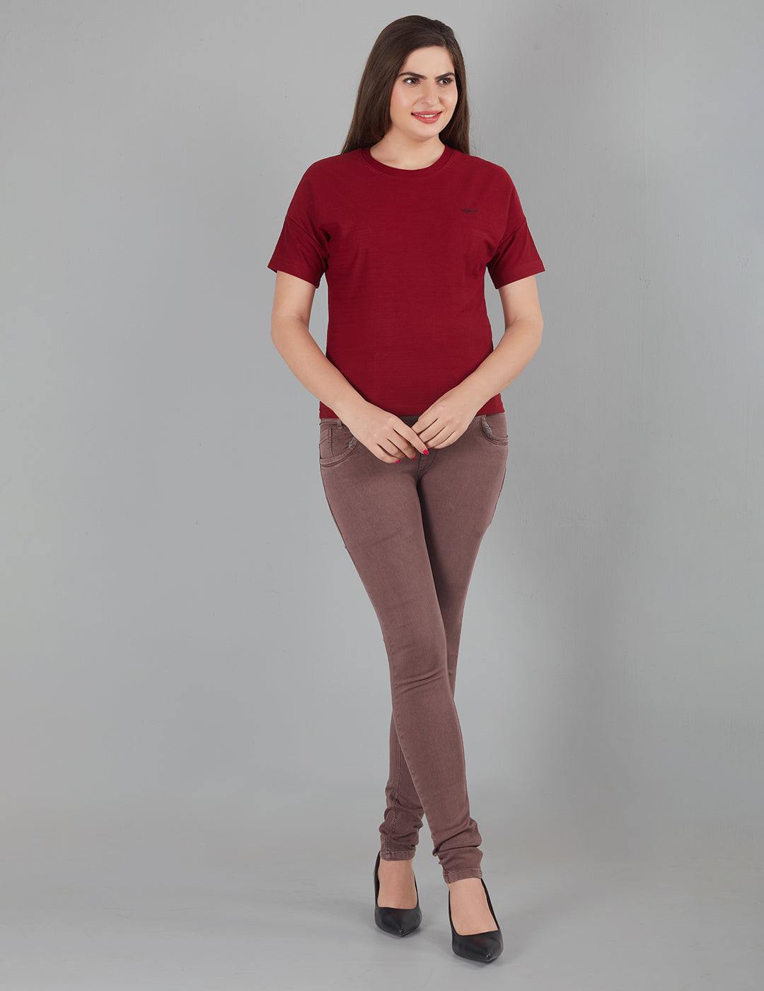 Stylish Comfy Ruby Red Plain Cotton Short T-Shits For Women At Online