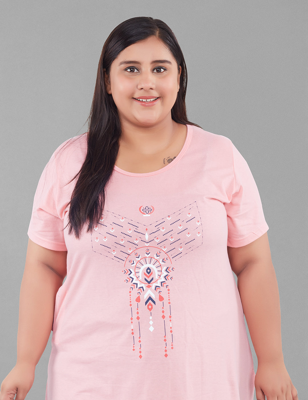 Comfortable Peach Cotton Pius Size Long T- shirt For Women At Best Prices