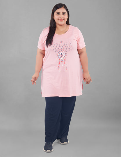 Plus Size Long T-shirt For Women - Half Sleeve -  Pink