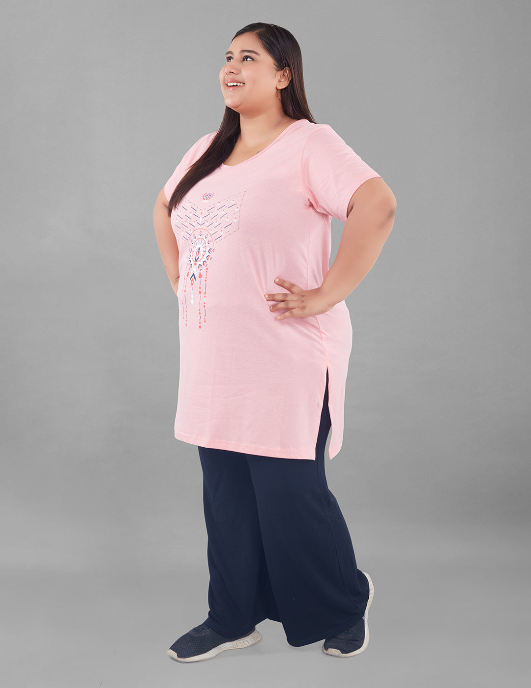 Plus Size Long T-shirt For Women - Half Sleeve -  Pink