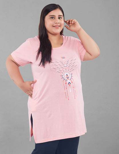 Comfortable Peach Cotton Pius Size Long T- shirt For Women At Best Prices 