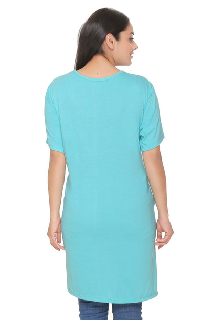 Stylish Half Sleeve Long T-shirt For Women In Plus Size - Navy & Turquoise At Online