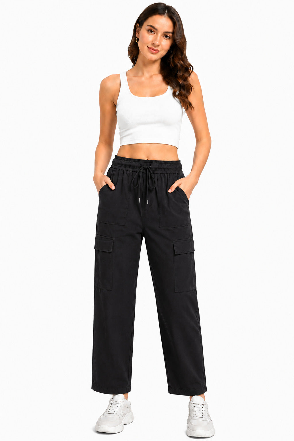 Women Smart Straight Fit Slay Cargo Pants-Black