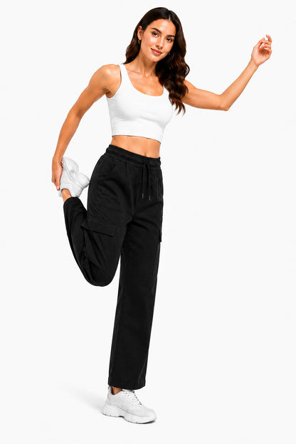 Women Smart Straight Fit Slay Cargo Pants-Black