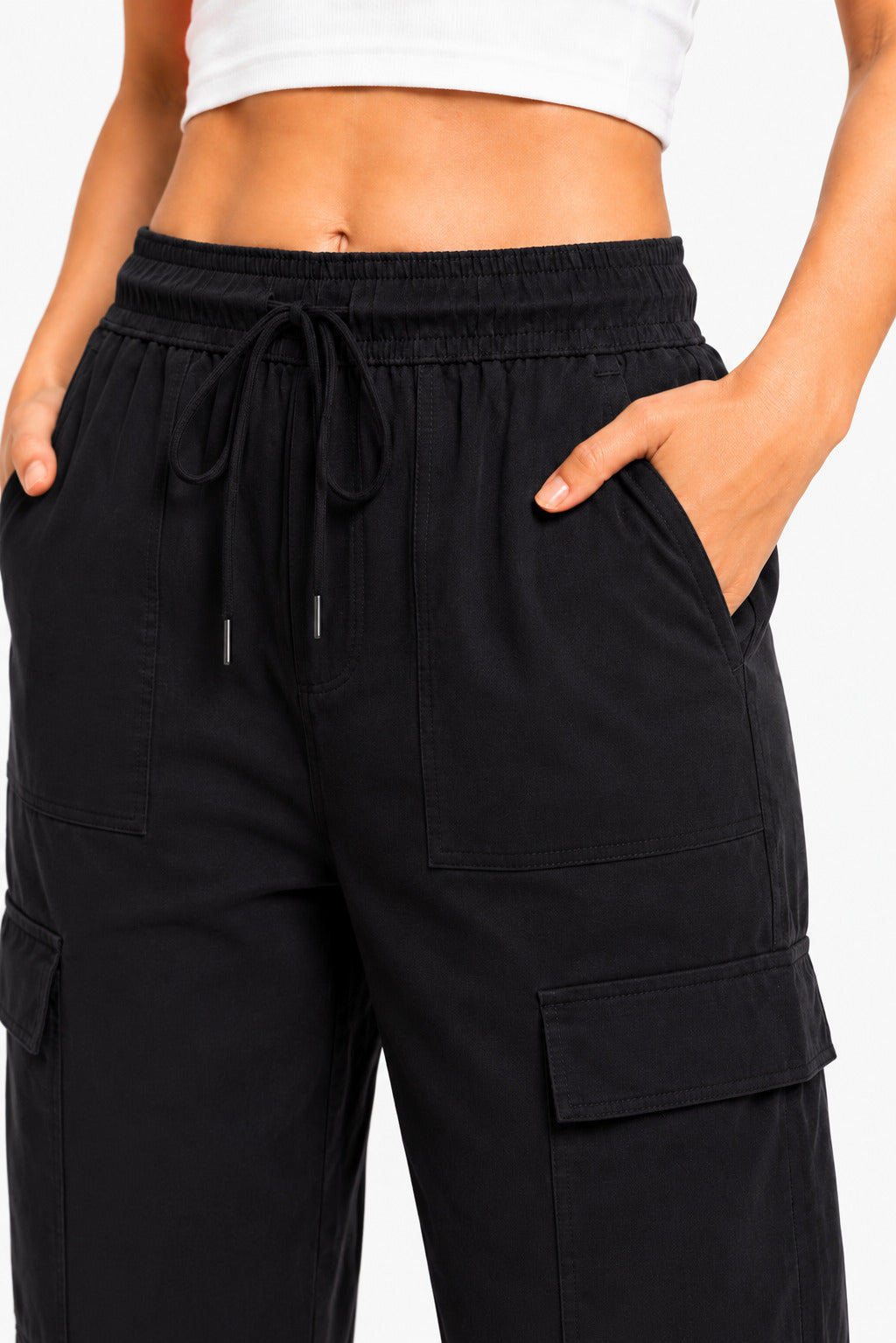 Women Smart Straight Fit Slay Cargo Pants-Black