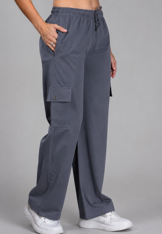 Women Smart Straight Fit Easy Wash Cargo Pants-Grey