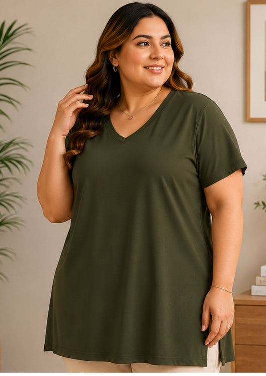 Woman Cotton Lycra V-Neck  Active Tees –Olive Green