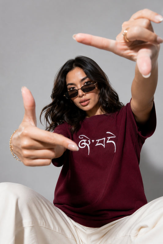 Woman One Ring Script Embroidered Cotton Relaxed  Fit T-Shirt: Wine