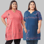 Plus Size Printed Long Tops For Women Half Sleeves - Pack of 2 (Pink & Blue)