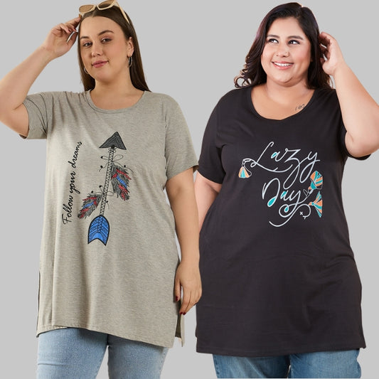 Plus Size Long Hip Covering T-shirts For Women - Half Sleeve - Pack of 2 (Grey & Black)