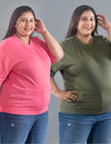Plus Size Cotton Street Style T-shirts For Summer -(Combo of two)Olive Green/Pink