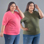Plus Size Cotton Street Style T-shirts For Summer -(Combo of two)Olive Green/Pink
