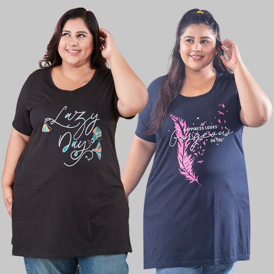 Plus Size Long T-shirts For Women - Half Sleeve - Pack of 2 (Navy & Black)