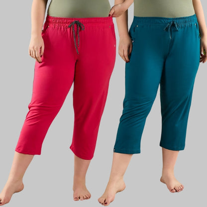 Cotton Capris For Women - Half Pants Pack of 2 (Teal Blue & Pink)