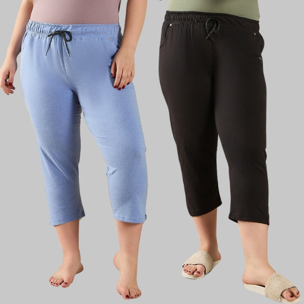 Cotton Capris For Women - Half Pants Pack of 2 (Sky Blue & Black)