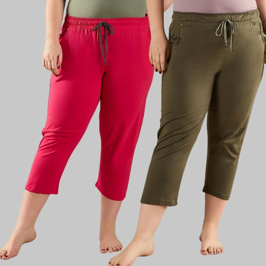 Cotton Capris For Women - Half Pants Pack of 2 (Olive & Pink)