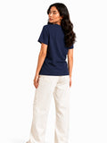 Woman Waffle Knit Textured Embroidered Cotton Relaxed  Fit T-Shirt: Navy Blue