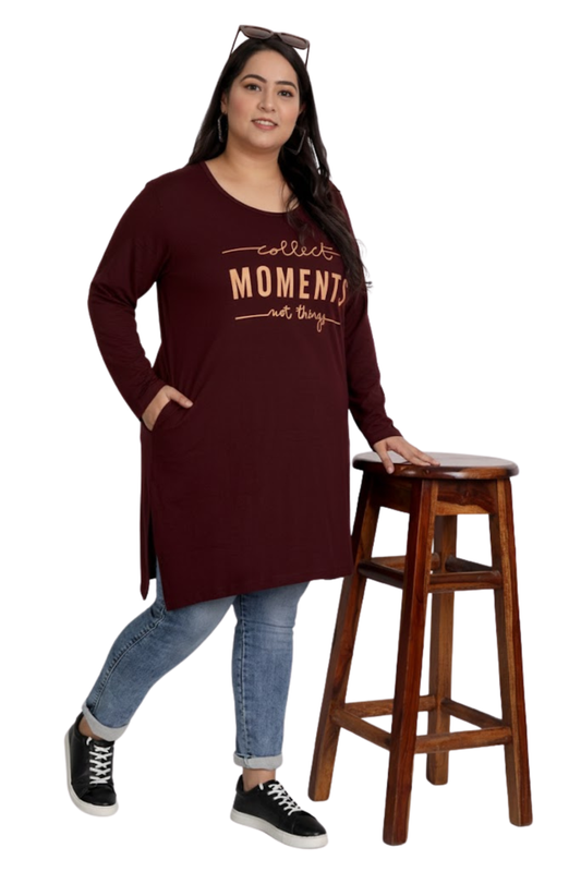 Cotton Long Hip Covering Top for Women Plus Size - Full Sleeve - Wine