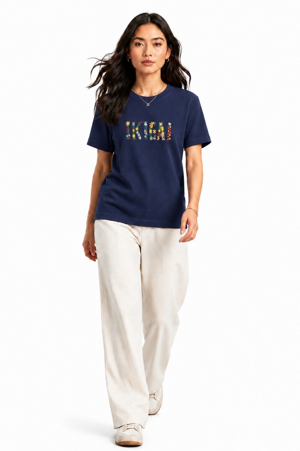 Woman Waffle Knit Textured Embroidered Cotton Relaxed  Fit T-Shirt: Navy Blue