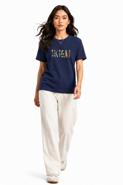 Woman Waffle Knit Textured Embroidered Cotton Relaxed  Fit T-Shirt: Navy Blue