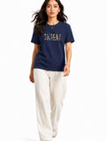 Woman Waffle Knit Textured Embroidered Cotton Relaxed  Fit T-Shirt: Navy Blue