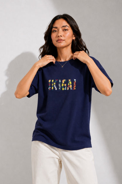 Woman Waffle Knit Textured Embroidered Cotton Relaxed  Fit T-Shirt: Navy Blue