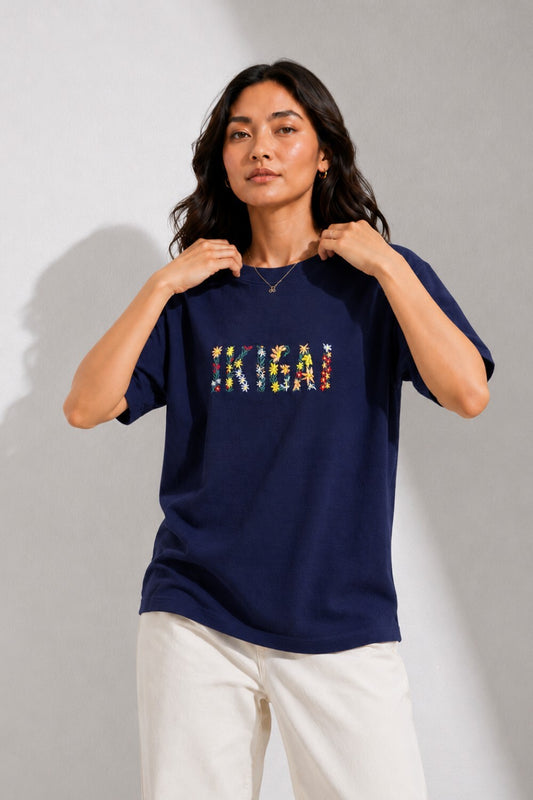 Woman One Ring Script Embroidered Cotton Relaxed  Fit T-Shirt: Navy Blue