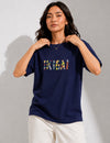 Woman Waffle Knit Textured Embroidered Cotton Relaxed  Fit T-Shirt: Navy Blue