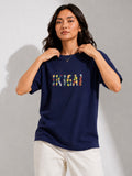 Woman Waffle Knit Textured Embroidered Cotton Relaxed  Fit T-Shirt: Navy Blue