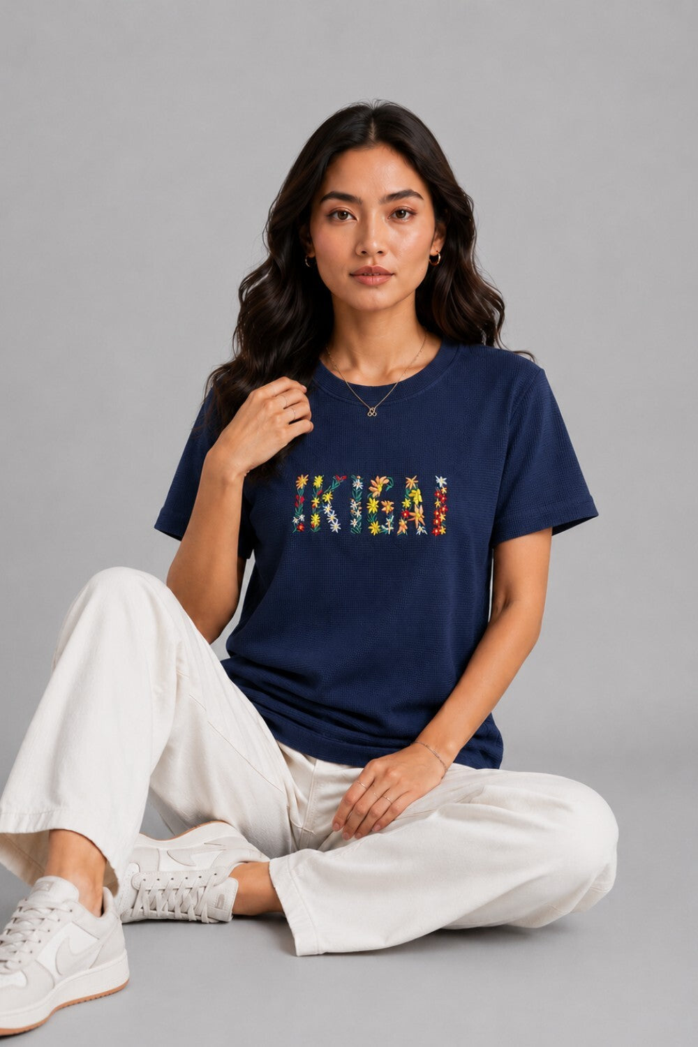 Woman Waffle Knit Textured Embroidered Cotton Relaxed  Fit T-Shirt: Navy Blue