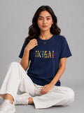 Woman Waffle Knit Textured Embroidered Cotton Relaxed  Fit T-Shirt: Navy Blue