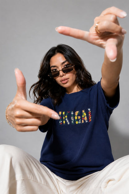 Woman Waffle Knit Textured Embroidered Cotton Relaxed  Fit T-Shirt: Navy Blue