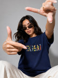 Woman Waffle Knit Textured Embroidered Cotton Relaxed  Fit T-Shirt: Navy Blue