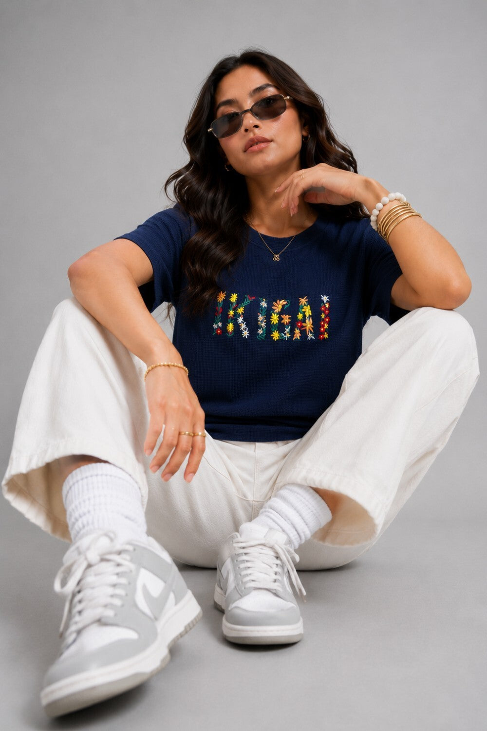 Woman Waffle Knit Textured Embroidered Cotton Relaxed  Fit T-Shirt: Navy Blue
