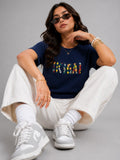 Woman Waffle Knit Textured Embroidered Cotton Relaxed  Fit T-Shirt: Navy Blue