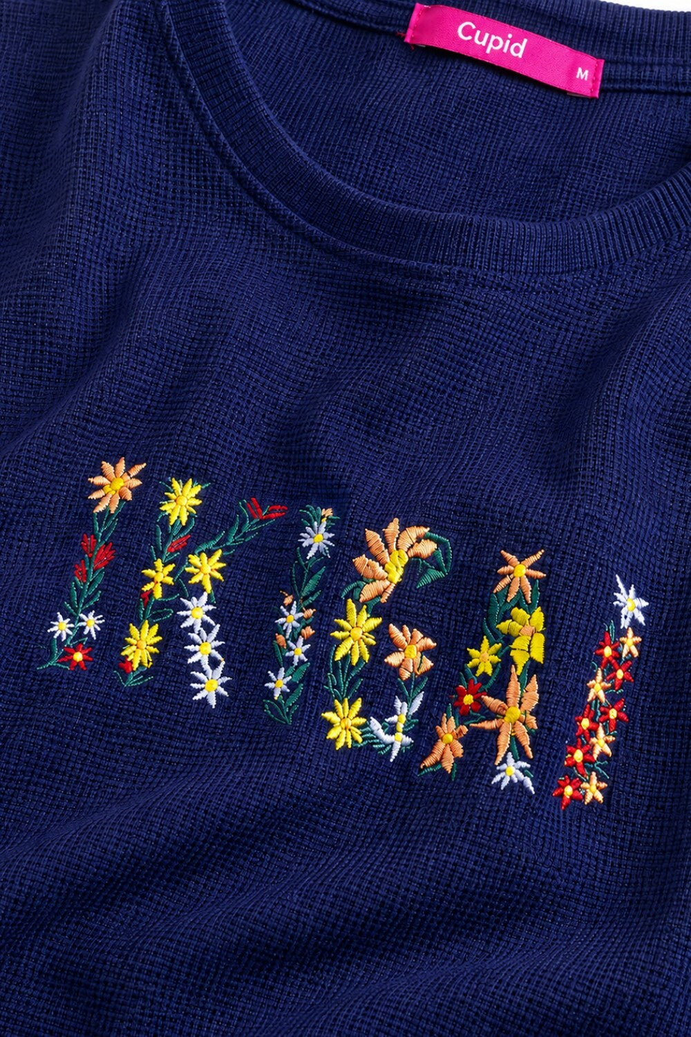 Woman Waffle Knit Textured Embroidered Cotton Relaxed  Fit T-Shirt: Navy Blue