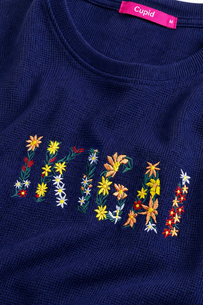 Woman Waffle Knit Textured Embroidered Cotton Relaxed  Fit T-Shirt: Navy Blue