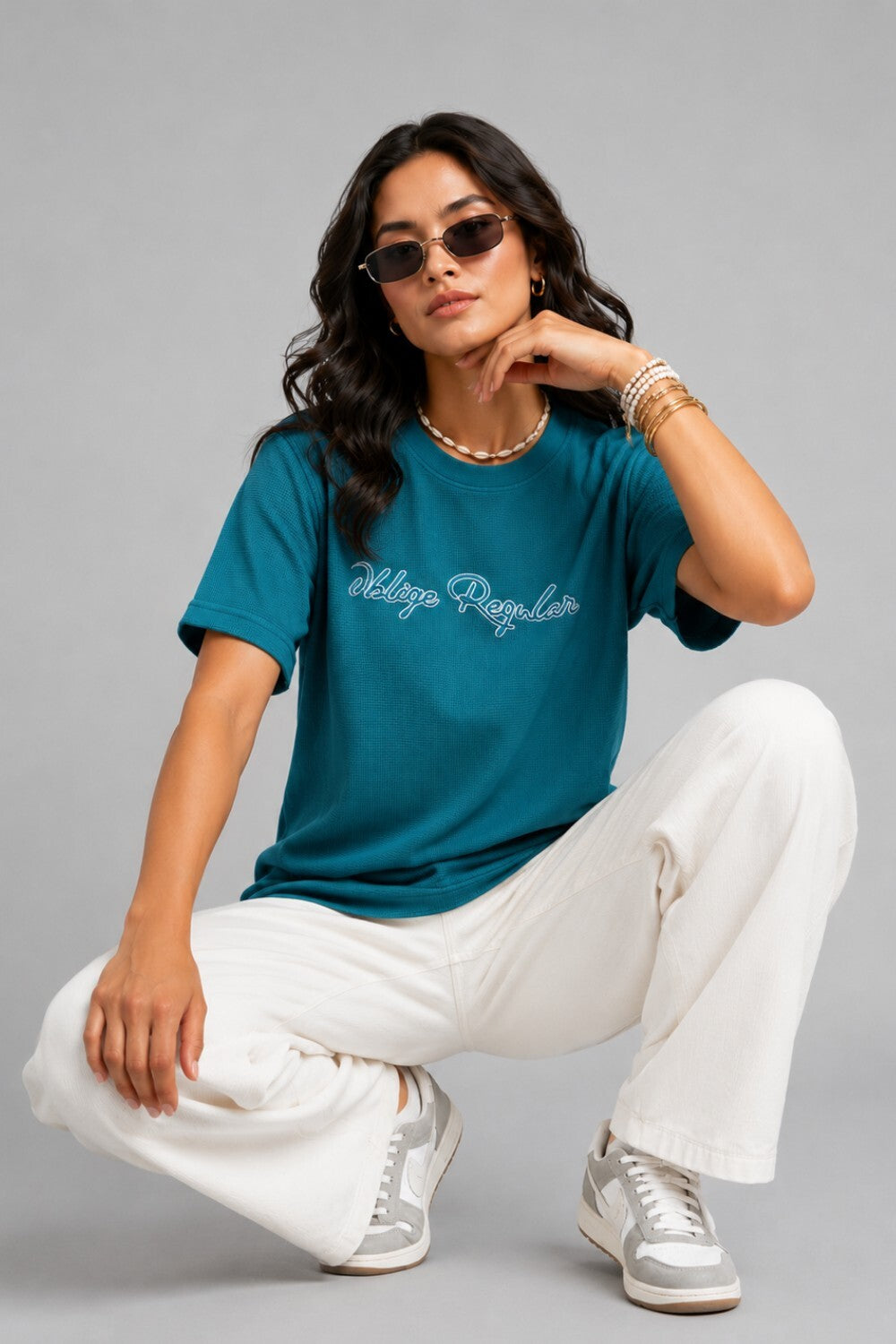 Woman One Ring Script Embroidered Cotton Relaxed  Fit T-Shirt: Teal