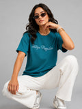Woman Waffle Knit Embroidered Cotton Relaxed  Fit T-Shirt: Teal