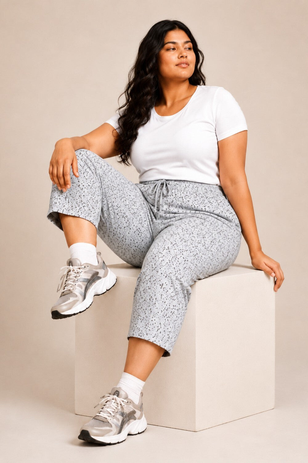 Plus Size Capri For Women - 3/4 Printed Capri (3X-7XL) Pearl Grey