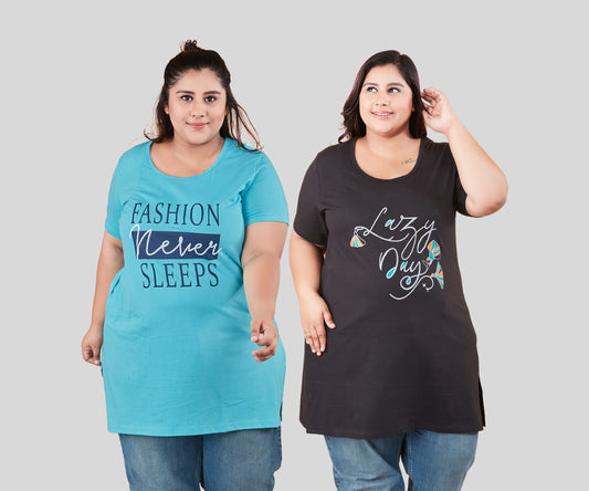 Plus Size Long T-shirts For Women - Half Sleeve - Pack of 2 (Black & Turquoise)