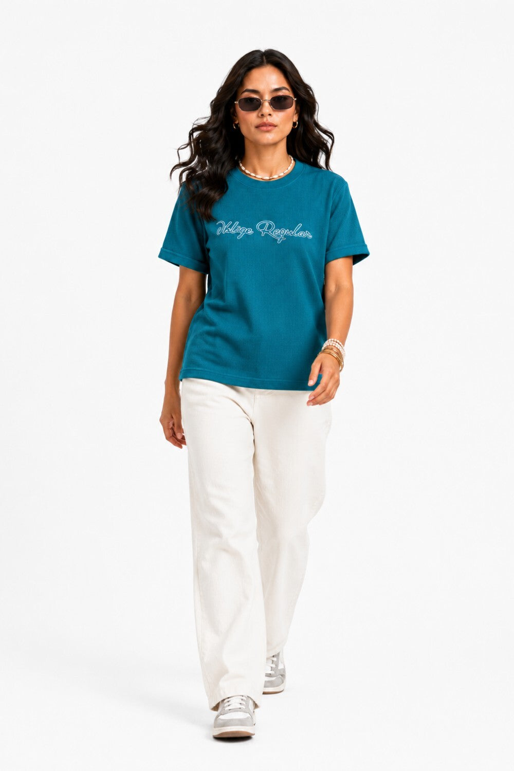 Woman One Ring Script Embroidered Cotton Relaxed  Fit T-Shirt: Teal