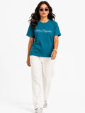 Woman Waffle Knit Embroidered Cotton Relaxed  Fit T-Shirt: Teal
