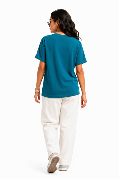 Woman One Ring Script Embroidered Cotton Relaxed  Fit T-Shirt: Teal