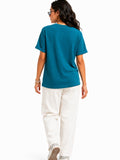 Woman Waffle Knit Embroidered Cotton Relaxed  Fit T-Shirt: Teal