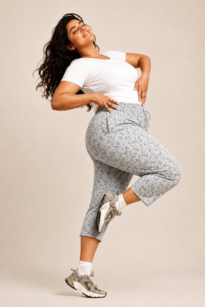 Plus Size Capri For Women - 3/4 Printed Capri (3X-7XL) Pearl Grey